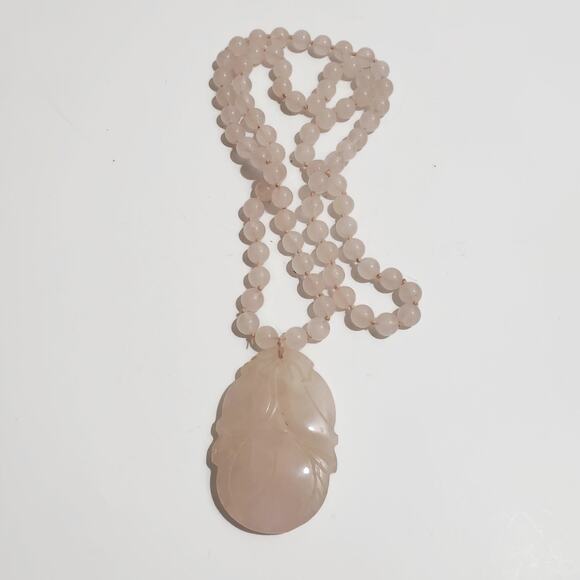 Vintage Rose Quartz Hand Knotted Bead Necklace With Carved Pendant 28" - Picture 2 of 4